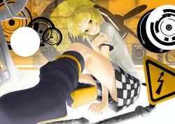 Rule 34 | 1girl, blonde hair, checkered clothes, checkered skirt, clothes between thighs, kagamine rin, mossari poteto, perspective, road sign, short hair, sign, sitting, skirt, solo, tiger rampage (vocaloid), vocaloid, yellow eyes