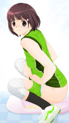 Rule 34 | 1girl, bathroom, black socks, blush, breasts, brown eyes, brown hair, character request, clothes pull, copyright request, dedenden (pixiv30568724), flower, from side, green shirt, green shorts, hair flower, hair ornament, highres, jersey, knee pads, looking at viewer, panties, panty pull, pee, peeing, pulled by self, shirt, shoes, short hair, shorts, shorts pull, small breasts, smile, sneakers, socks, squat toilet, squatting, toilet, toilet use, underwear, white footwear, white panties
