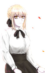 Rule 34 | 1girl, absurdres, artoria pendragon (all), artoria pendragon (fate), black skirt, blonde hair, blouse, braid, collar, collared shirt, falling petals, fate/grand order, fate/stay night, fate (series), gothic lolita, highres, lolita fashion, looking at viewer, nickfluff, pale skin, petals, ribbon, saber alter, shirt, simple background, skirt, solo, white background, white shirt, yellow eyes