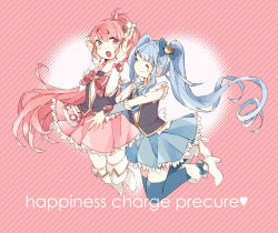 Rule 34 | 10s, 2girls, aino megumi, blue hair, blue skirt, blue thighhighs, blush, boots, brooch, closed eyes, copyright name, crown, cure lovely, cure princess, english text, eyelashes, hair ornament, hair ribbon, happinesscharge precure!, happy, heart, heart background, heart brooch, heart hair ornament, high heels, long hair, magical girl, multiple girls, natsuno227, open mouth, pink background, pink eyes, pink hair, pink skirt, ponytail, precure, puffy sleeves, ribbon, shirayuki hime, shirt, skirt, smile, thigh boots, thighhighs, thighs, twintails, vest, white background, white legwear, wrist cuffs, zettai ryouiki