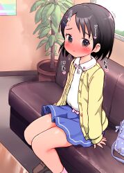Rule 34 | 1girl, absurdres, bag, black eyes, black hair, blue skirt, blush, cardigan, closed mouth, couch, embarrassed, flying sweatdrops, hair ornament, hairclip, heart, highres, idolmaster, idolmaster cinderella girls, indoors, looking at viewer, plant, potted plant, sasaki chie, shirt, sitting, skirt, solo, table, trembling, umekko, white shirt, window