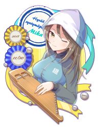 Rule 34 | 10s, 1girl, 2018, ;), blue hat, blue sweater, breasts, brown eyes, brown hair, character name, cropped torso, dated, girls und panzer, grey sleeves, hat, highres, instrument, kakuzatou (boxxxsugar), keizoku military uniform, long hair, long sleeves, looking at viewer, medium breasts, mika (girls und panzer), one eye closed, smile, solo, sweater, white hat