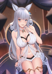 Rule 34 | 1girl, animal ear fluff, animal ears, bare arms, bare shoulders, blue eyes, blue flower, blunt bangs, blurry, blurry background, blush, breasts, chair, cleavage, collarbone, commentary request, depth of field, erune, finger to mouth, fingernails, flower, granblue fantasy, hair flower, hair ornament, hand up, highres, indoors, korwa, korwa (summer) (granblue fantasy), large breasts, long hair, navel, on chair, pak ce, see-through, silver hair, sitting, solo, very long hair