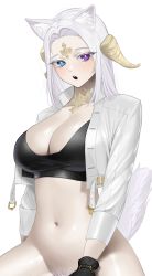 Rule 34 | 1girl, absurdres, animal ears, au ra, warrior of light (ff14), bad id, bad pixiv id, blue eyes, bottomless, breasts, character request, check character, cropped jacket, female pubic hair, final fantasy, final fantasy xiv, heterochromia, highres, horns, jacket, large breasts, long hair, long sleeves, looking at viewer, navel, norunollu, open mouth, out-of-frame censoring, pink eyes, pubic hair, shadow, simple background, solo, sports bra, strapless, tube top, white background, white hair, white jacket