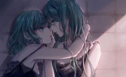 Rule 34 | 2girls, aqua eyes, aqua hair, arm around neck, arm around shoulder, bang dream!, bare arms, bare shoulders, black camisole, blurry, breasts, camisole, collarbone, depth of field, eye contact, face-to-face, finger to another&#039;s mouth, fingernails, from side, hair between eyes, hand in another&#039;s hair, hand on another&#039;s chin, hand on another&#039;s shoulder, hand up, hands up, highres, hikawa hina, hikawa sayo, incest, indoors, jing (user wevt3224), lace-trimmed camisole, lace trim, light particles, long hair, looking at another, medium breasts, medium hair, multiple girls, parted lips, profile, shade, shadow, siblings, sisters, spaghetti strap, strap slip, twincest, twins, upper body, yuri