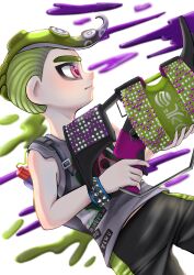 Rule 34 | .96 gal (splatoon), 1boy, absurdres, bracelet, closed mouth, engawa no shiso (pixiv 101140035), green hair, grey shirt, gun, highres, holding, holding gun, holding weapon, jewelry, male focus, nintendo, octoling, octoling boy, octoling player character, paint, pink eyes, print shirt, shirt, short hair, simple background, solo, splatoon (series), splatoon 3, studded bracelet, tentacle hair, thick eyebrows, weapon, white background