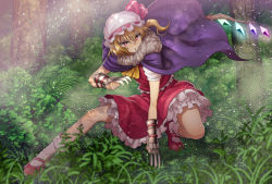 Rule 34 | 1girl, cape, chiaki rakutarou, claw (weapon), clawed gauntlets, crystal, dress, flandre scarlet, frilled dress, frills, fur trim, gauntlets, grass, hat, highres, mob cap, outdoors, pink eyes, pointy ears, side ponytail, solo, squatting, touhou, tree, weapon, wings
