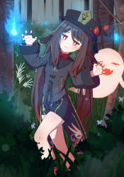 Rule 34 | 1girl, absurdres, black hat, black nails, black shorts, blue fire, blush, chinese clothes, claw pose, closed eyes, dunggeul dunggeul, fang, fire, flower, genshin impact, ghost, grass, half-closed eyes, hat, highres, hu tao (genshin impact), long hair, looking at viewer, nail polish, open mouth, outdoors, short shorts, shorts, solo, standing, symbol-shaped pupils, tree, twintails, very long hair
