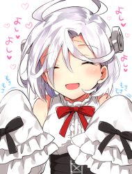 Rule 34 | 1girl, :d, ahoge, azur lane, bare shoulders, black bow, blush, bolt, bow, breasts, closed eyes, commentary request, detached sleeves, eyes visible through hair, facing viewer, frilled sleeves, frills, hair between eyes, hair over one eye, hands in opposite sleeves, head tilt, ichihaya, long sleeves, open mouth, red bow, shirt, short hair, simple background, sleeveless, sleeveless shirt, small breasts, smile, solo, stitches, terror (azur lane), translation request, upper body, white background, white hair, white shirt