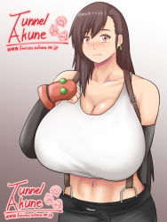 Rule 34 | 1990s (style), 1girl, bare shoulders, blush, breasts, brown hair, eyebrows, female focus, final fantasy, final fantasy vii, gigantic breasts, gradient background, huge breasts, long hair, looking at viewer, nashinori tunnel, red eyes, retro artstyle, smile, solo, tifa lockhart