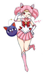 Rule 34 | 1girl, ;d, bad id, bad pixiv id, bishoujo senshi sailor moon, boots, bow, brooch, chibi usa, cone hair bun, double bun, elbow gloves, full body, gloves, hair bun, hair ornament, hairpin, hand on own hip, heart, heart brooch, jewelry, knee boots, luna-p, magical girl, one eye closed, open mouth, pink footwear, pink hair, pink skirt, pleated skirt, red bow, red eyes, sailor chibi moon, shainea, short hair, skirt, smile, solo, standing, standing on one leg, tiara, toy, twintails, v, white background, white gloves