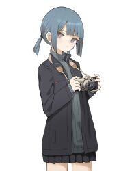 Rule 34 | 1girl, blue hair, camera, expressionless, fujifilm, grey eyes, highres, holding, holding camera, jacket, looking at viewer, miniskirt, nitrio, open clothes, open jacket, original, pleated skirt, short hair, short twintails, simple background, skirt, solo, sweater, turtleneck, turtleneck sweater, twintails, white background
