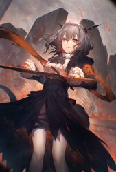 Rule 34 | 1girl, absurdres, arknights, black jacket, black skirt, breasts, brooch, building, center frills, chromatic aberration, cropped jacket, feet out of frame, fire, floating hair, frills, grey eyes, grey hair, hair intakes, high-waist skirt, highres, holding, holding sword, holding weapon, horns, ascot, jacket, jewelry, juliet sleeves, long sleeves, looking at viewer, medium breasts, medium hair, outdoors, puffy sleeves, shirt, skirt, skyscraper, solo, standing, sword, tail, takeno (hashi falcon), talulah (arknights), weapon, white shirt, wind