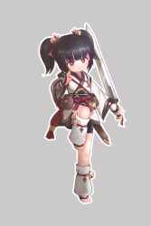 Rule 34 | 1girl, absurdres, barefoot, black hair, bright pupils, brown eyes, brown trim, chinese commentary, closed mouth, commentary request, dot nose, full body, grey background, highres, holding, holding sword, holding weapon, index finger raised, kuma-bound, leg warmers, looking at viewer, medium hair, original, pouch, sheath, simple background, smile, solo, standing, standing on one leg, sword, toes, twintails, weapon, white pupils