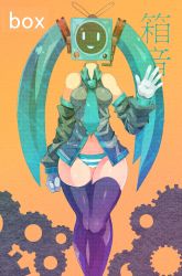 Rule 34 | 1girl, bare shoulders, black thighhighs, breasts, english text, hatsune miku, highres, hip focus, navel, necktie, object head, orange background, panties, phyrexia c, simple background, smile, solo, standing, striped clothes, striped panties, thick thighs, thighhighs, thighs, twintails, underwear, vocaloid, waving, wide hips