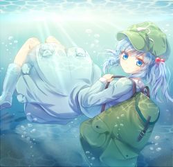 Rule 34 | backpack, bag, blue dress, blue eyes, blue footwear, blue hair, boots, closed mouth, dress, eyebrows, flat cap, from behind, green hat, hair bobbles, hair ornament, hat, kawashiro nitori, knee boots, kohaku., kurami (kohaku.), light rays, long sleeves, looking at viewer, looking back, pocket, rubber boots, short hair, short twintails, smile, solo, submerged, sunlight, touhou, twintails, two side up, underwater, water