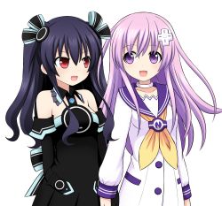 Rule 34 | 10s, 2girls, ami (ammy33), arm behind back, bare shoulders, black hair, blush, d-pad, elbow gloves, gloves, hair ornament, hair ribbon, highres, holding hands, long hair, md5 mismatch, multiple girls, nepgear, neptune (series), open mouth, purple eyes, purple hair, red eyes, ribbon, simple background, striped, twintails, two side up, uni (neptunia), white background