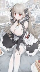 Rule 34 | 6+girls, absurdres, azur lane, bare shoulders, between breasts, black dress, black nails, blunt bangs, breasts, bridal gauntlets, cake, cleavage, closed mouth, commentary request, dress, feet out of frame, food, formidable (azur lane), frilled dress, frills, gothic lolita, grey hair, hair ribbon, hand on own knee, highres, large breasts, lolita fashion, long hair, long sleeves, looking at viewer, maid, multiple girls, necktie, necktie between breasts, pantyhose, red eyes, ribbon, sentter, sitting, solo, solo focus, twintails, two-tone dress, two-tone ribbon, very long hair, white pantyhose