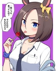 Rule 34 | 1girl, air groove (umamusume), animal ears, black choker, black necktie, blue eyes, blue scrunchie, blush, bow, breasts, brown hair, candy, choker, cleavage, collared shirt, commentary request, dress shirt, ear bow, food, hair between eyes, highres, holding, holding candy, holding food, holding lollipop, horse ears, lollipop, looking at viewer, medium breasts, nail polish, necktie, parted bangs, polka dot, polka dot background, purple background, school uniform, scrunchie, shirt, solo, takiki, tongue, tongue out, translation request, two-tone background, umamusume, upper body, white background, white shirt, wrist scrunchie, yellow bow, yellow nails