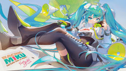 Rule 34 | 1girl, absurdres, aqua eyes, aqua hair, asymmetrical bodysuit, black bodysuit, bodysuit, boots, crop top, crop top overhang, cropped jacket, flag, flagpole, flame print, glove in mouth, gloves, goodsmile racing, hatsune miku, highres, jpeg artifacts, crossed legs, long hair, long sleeves, looking at viewer, mouth hold, pole, racing miku, racing miku (2022), removing glove, single thigh boot, smiley face, speaker, tapiokaro (ximilul), thigh boots, thighhighs, twintails, two-tone gloves, very long hair, vocaloid