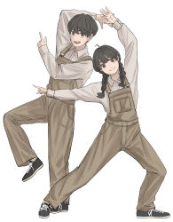 Rule 34 | 1boy, 1girl, absurdres, artist request, bad id, bad pixiv id, black footwear, black hair, brown eyes, brown overalls, eyebrows hidden by hair, hair between eyes, highres, long sleeves, looking at viewer, open mouth, original, overalls, pointing, shirt, simple background, smile, white background