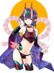 Rule 34 | 1girl, absurdres, black fundoshi, black thighhighs, breasts, chinese clothes, choker, closed mouth, collarbone, detached sleeves, dudou, earrings, eyeliner, fate/grand order, fate (series), forehead jewel, fundoshi, headpiece, highres, horns, japanese clothes, jewelry, looking at viewer, low twintails, makeup, navel, oni, pointy ears, purple eyes, purple hair, rope, ru to bi, sash, short eyebrows, short hair, short twintails, shuten douji (fate), shuten douji (fate/grand order), shuten douji (halloween caster) (fate), skin-covered horns, small breasts, solo, star (symbol), star print, thighhighs, thighs, twintails