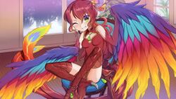 Rule 34 | 1girl, anklet, artist request, bare shoulders, bird legs, bird tail, blue eyes, blush, braid, breasts, chair, dress, fang, feather hair ornament, feathered wings, feathers, fiery wings, game cg, gradient eyes, green eyes, hair ornament, harpy, jewelry, long hair, looking at viewer, monster girl, monster musume no iru nichijou, monster musume no iru nichijou online, multicolored eyes, multicolored wings, multiple tails, nan que (monster musume), official art, one eye closed, red dress, red hair, side braid, side slit, sitting, sleeveless, sleeveless dress, small breasts, tail, two tails, window, winged arms, wings