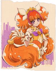 Rule 34 | 1girl, amanogawa kirara, artist logo, commentary, commentary request, cure twinkle, dress, earrings, english commentary, eyelashes, gloves, go! princess precure, hair ornament, happy, jewelry, kamikita futago, long hair, looking at viewer, magical girl, multicolored hair, official art, orange dress, orange hair, paper background, partial commentary, pink hair, precure, purple eyes, signature, simple background, smile, solo, standing, star (symbol), star earrings, streaked hair, twintails, two-tone hair, very long hair, watercolor background, wrist cuffs