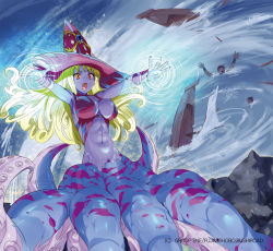 Rule 34 | 1girl, asphyxiation, blonde hair, blue skin, boat, breasts, brown hair, colored skin, curly hair, drowning, hat, kusaka souji, large breasts, long hair, maelstorm, monster collection, monster girl, navel, official art, open mouth, outstretched arms, outstretched hand, rock, scylla, solo, submerged, tentacles, watercraft, whirlpool, witch hat