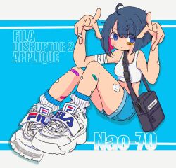 Rule 34 | 1girl, ahoge, artist name, bag, bandaged arm, bandages, bandaid, bandaid on arm, bandaid on cheek, bandaid on face, bandaid on knee, bandaid on leg, bare arms, blue background, blue eyes, blue hair, blue shorts, blunt ends, breasts, colored inner hair, cropped shirt, dark blue hair, denim, denim shorts, fila, full body, hands up, highres, knees up, long bangs, looking at viewer, midriff, multicolored hair, nao97122, original, outside border, pink hair, product placement, ribbed socks, shirt, shoes, short hair, shorts, shoulder bag, sitting, sleeveless, sleeveless shirt, small breasts, sneakers, socks, solo, white footwear, white shirt, white socks