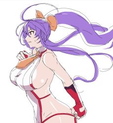 Rule 34 | 1girl, antenna hair, backless outfit, bare shoulders, blazblue, blazblue: central fiction, blazblue variable heart, blue hair, bow, breasts, brown gloves, clenched hand, cowboy shot, elbow gloves, eu03, fingerless gloves, from side, genderswap, genderswap (mtf), gloves, hair between eyes, hair bow, highres, huge breasts, large breasts, long hair, mai natsume, no bra, no panties, ponytail, purple hair, red eyes, revealing clothes, ribbon, sideboob, sidelocks, sketch, solo, sweat, sweatdrop, very long hair, white background, yellow bow, zipper