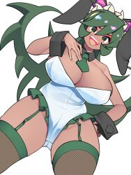 Rule 34 | 1girl, alternate costume, bellupup, breasts, cleavage, dark-skinned female, dark skin, dutch angle, eyeshadow, fangs, fishnet thighhighs, fishnets, fukua (skullgirls), garter straps, green eyes, green hair, green lips, hand on own hip, hand on own chest, highres, large breasts, leotard, lipstick, long hair, looking at viewer, makeup, necktie, open mouth, playboy bunny, rabbit ears, skullgirls, smile, solo, thighhighs, white background, wrist cuffs