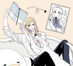 Rule 34 | 1boy, :d, absurdres, arrow (symbol), black pants, blonde hair, blue eyes, blush, book, camus (uta no prince-sama), couch, dog, dress shirt, embarrassed, feet out of frame, hands up, highres, holding, holding book, looking at animal, lower teeth only, luonnem, male focus, medium hair, open mouth, pants, photo (object), photo album, reaching, shirt, simple background, sitting, sleeves past elbows, smile, solo, stuffed animal, stuffed bird, stuffed toy, swept bangs, teeth, uta no prince-sama, white shirt, yellow background