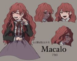 Rule 34 | 1girl, absurdres, character name, closed eyes, dress, expressions, grey background, highres, long hair, long sleeves, looking at viewer, momomosae, multiple views, open mouth, red hair, simple background, smile, teeth, upper body, wavy hair