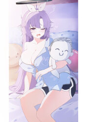 Rule 34 | 1girl, absurdres, blue archive, blue pajamas, blush, breasts, cleavage, collarbone, dolphin shorts, doodle sensei (blue archive), drooling, halo, highres, large breasts, long hair, mechanical halo, mouth drool, naseul 777, official alternate costume, one eye closed, open mouth, pajamas, purple eyes, purple hair, sensei (blue archive), shorts, solo, yuuka (blue archive)