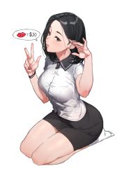 Rule 34 | 1girl, adjusting hair, black eyes, black hair, black skirt, bracelet, breasts, collared shirt, commentary request, dollar sign, earrings, female focus, fingernails, from side, full body, hands up, highres, jewelry, k52, korean commentary, legs together, lips, looking at viewer, medium breasts, medium hair, original, parted lips, pencil skirt, prostitution, seiza, shirt, simple background, sitting, skirt, socks, solo, speech bubble, w, white shirt, white socks
