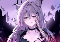 Rule 34 | 1girl, 1other, absurdres, animal ears, bandaged arm, bandages, black choker, black dress, blood, blue archive, blue eyes, breasts, choker, cleavage, commentary, cross hair ornament, crying, crying with eyes open, dark halo, dress, grey hair, hair between eyes, hair ornament, halo, hamu (hvmzld123), highres, large breasts, long hair, looking at viewer, open mouth, portrait, shiroko (blue archive), shiroko terror (blue archive), solo focus, tears, wolf ears