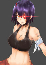 Rule 34 | 10s, 1girl, alternate costume, armband, bare shoulders, black background, breasts, cleavage, collarbone, eyepatch, female focus, glowing, highres, kantai collection, large breasts, looking at viewer, midriff, navel, norman maggot, purple hair, short hair, simple background, smile, solo, sports bra, stomach, tattoo, tenryuu (kancolle), yellow eyes