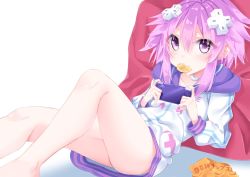 Rule 34 | 1girl, barefoot, chips (food), choker, d-pad, eating, food, food in mouth, hair ornament, hairclip, handheld game console, hood, hooded jacket, jacket, looking at viewer, lying, neptune (neptunia), neptune (series), no legwear, on back, playing games, potato chips, purple eyes, purple hair, shikapiro, short hair, solo, white background