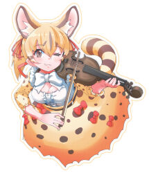 Rule 34 | 1girl, absurdres, animal ears, belt, bow, bow (music), bowtie, brown eyes, brown hair, cat ears, cat girl, cat tail, extra ears, highres, holding, holding instrument, holding violin, instrument, kemono friends, kemono friends v project, large-spotted genet (kemono friends), long hair, looking at viewer, lowlandgorilla, one eye closed, ribbon, shirt, simple background, skirt, solo, suspenders, tail, twintails, violin, virtual youtuber
