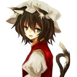 Rule 34 | 1girl, animal ears, bad id, bad pixiv id, brown hair, cat ears, cat girl, cat tail, chen, fang, female focus, green eyes, hat, hiharo, short hair, simple background, solo, tail, touhou, white background