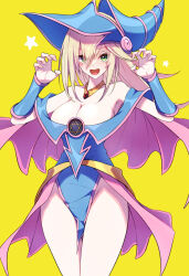 Rule 34 | 1girl, armpits, bare shoulders, blonde hair, blue leotard, blush stickers, breasts, claw pose, cleavage, collarbone, dark magician girl, duel monster, green eyes, hair over eyes, hands up, hat, highres, jewelry, large breasts, leotard, long hair, mosui (kori can), necklace, open mouth, pentacle, solo, star (symbol), thighhighs, thighs, vambraces, yellow background, yu-gi-oh!