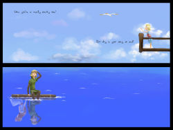 Rule 34 | 1boy, 2girls, aryll, bird, blonde hair, child, cloud, different reflection, dress, english text, hat, link, looking up, marin (zelda), multiple girls, nintendo, ocean, raft, red hair, reflection, seagull, sitting, sky, spoilers, the legend of zelda, the legend of zelda: link&#039;s awakening, the legend of zelda: the wind waker, tunic, water