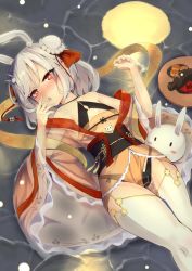 Rule 34 | 1girl, alcohol, alternate costume, animal ears, ash arms, breasts, commentary request, food, grey hair, heart, heart-shaped pupils, kerureru, looking at viewer, panties, plate, rabbit, rabbit ears, red eyes, sake, short hair, small breasts, solo, symbol-shaped pupils, thighhighs, underwear, wet, white thighhighs