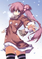 Rule 34 | 1girl, blue eyes, coat, highres, little busters!, long hair, purple hair, saigusa haruka, scarf, side ponytail, souyoku, striped clothes, striped thighhighs, thighhighs