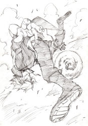 Rule 34 | 1boy, boots, cloud, forehead protector, foreshortening, full body, greyscale, jacket, looking at viewer, makkamu, male focus, monochrome, naruto, naruto (series), short hair, sketch, smile, smirk, solo, traditional media, upside-down, uzumaki boruto, white background