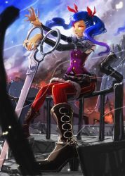 Rule 34 | blue hair, boots, grin, hair ornament, hairclip, holysnow, looking at viewer, original, pantyhose, red eyes, scissors, sitting, sky, smile, smoke, solo, striped clothes, striped pantyhose, twintails