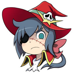 Rule 34 | 1980s (style), 1girl, blue hair, bow, constanze amalie von braunschbank-albrechtsberger, cosplay, eyepatch, green eyes, harlock saga, hat, jolly roger, little witch academia, long hair, oldschool, parody, ponytail, retro artstyle, ribbon, scar, science fiction, skull and crossbones, solo, space pirate, thick eyebrows, uchuu kaizoku captain harlock, witch, witch hat
