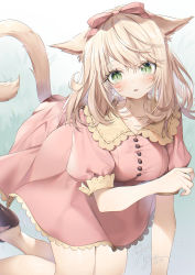 Rule 34 | 1girl, absurdres, animal ears, warrior of light (ff14), blonde hair, blush, bow, breasts, cat ears, cat tail, dress, facial mark, final fantasy, final fantasy xiv, green eyes, hair bow, high heels, highres, long hair, medium breasts, miqo&#039;te, pink bow, slit pupils, solo, tail, whisker markings, yana mori