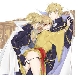 Rule 34 | 1boy, 2girls, 88 (einnimnech), arthur pendragon (fate), artist name, artoria pendragon (fate), artoria pendragon (lancer) (fate), artoria pendragon (lancer) (formal dress) (fate), ass, bisexual female, blonde hair, blue eyes, braid, braided bun, breasts, censored, commentary request, cowboy shot, earrings, fate/grand order, fate (series), french braid, genderswap, genderswap (mtf), gilgamesh-ko, gilgamesh (fate), gilgamesh (formal dress) (fate), gloves, hair between eyes, hair bun, heart, heart censor, highres, holding hands, jewelry, large breasts, long sleeves, multiple girls, official alternate costume, panties, red eyes, single hair bun, standing, tongue, tongue out, twitter username, underwear, watermark